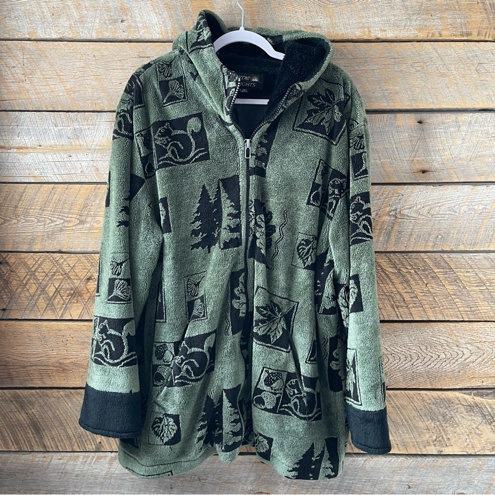 Vtg Nordic Lights Fleece Coat Jacket Lined Green Black Woodsy Pattern *READ*